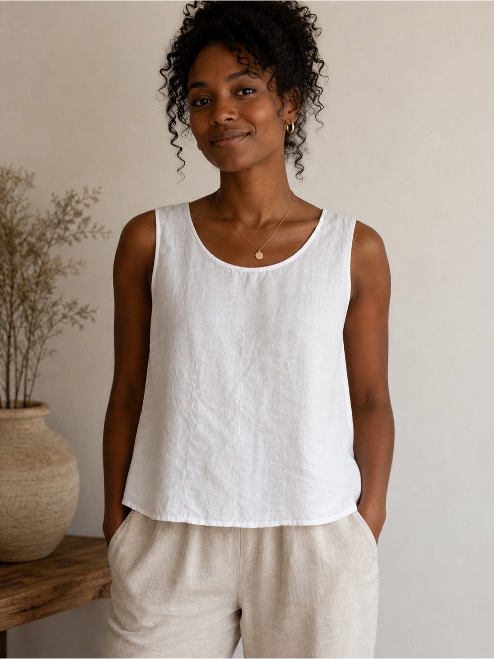 Women's White Linen Scoop Neck Tank Top